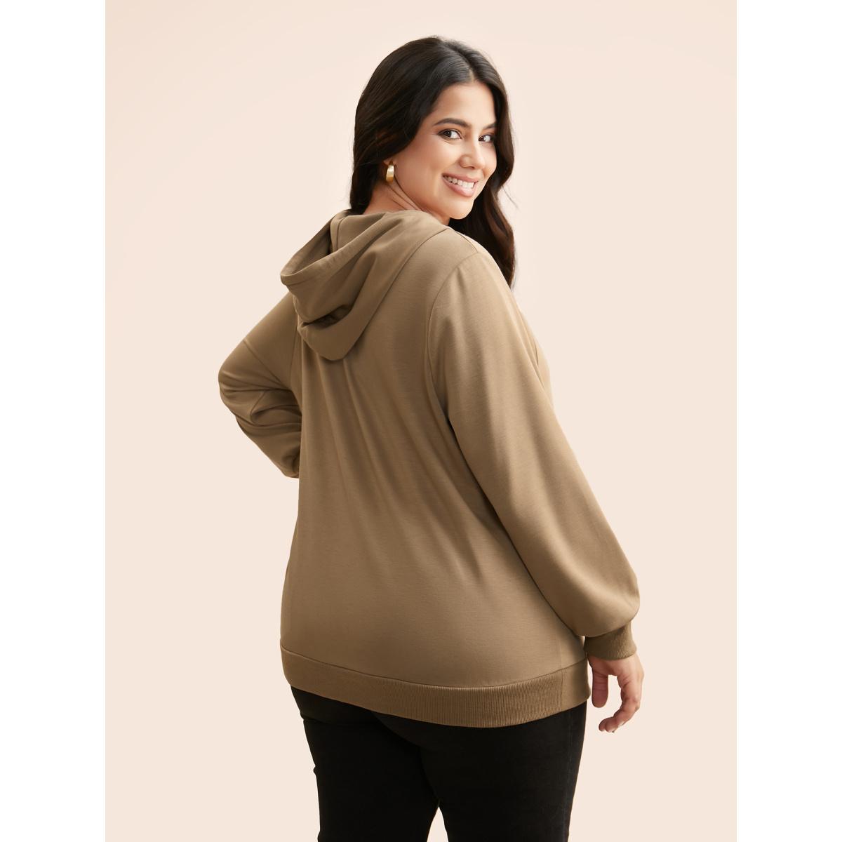 Plus Size Airy Cozy Hooded Sweatshirt Women Tan Casual Patchwork Hooded Everyday Sweatshirts BloomChic 18-20/2X Product Image