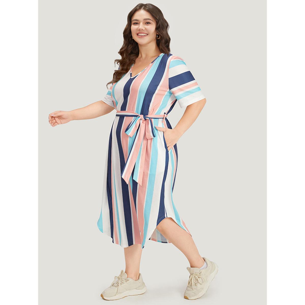 Plus Size Striped Belted V Neck Pocket Arc Hem Dress Indigo Women Casual Belted V-neck Short sleeve Curvy Midi Dress BloomChic 14-16/1X Product Image