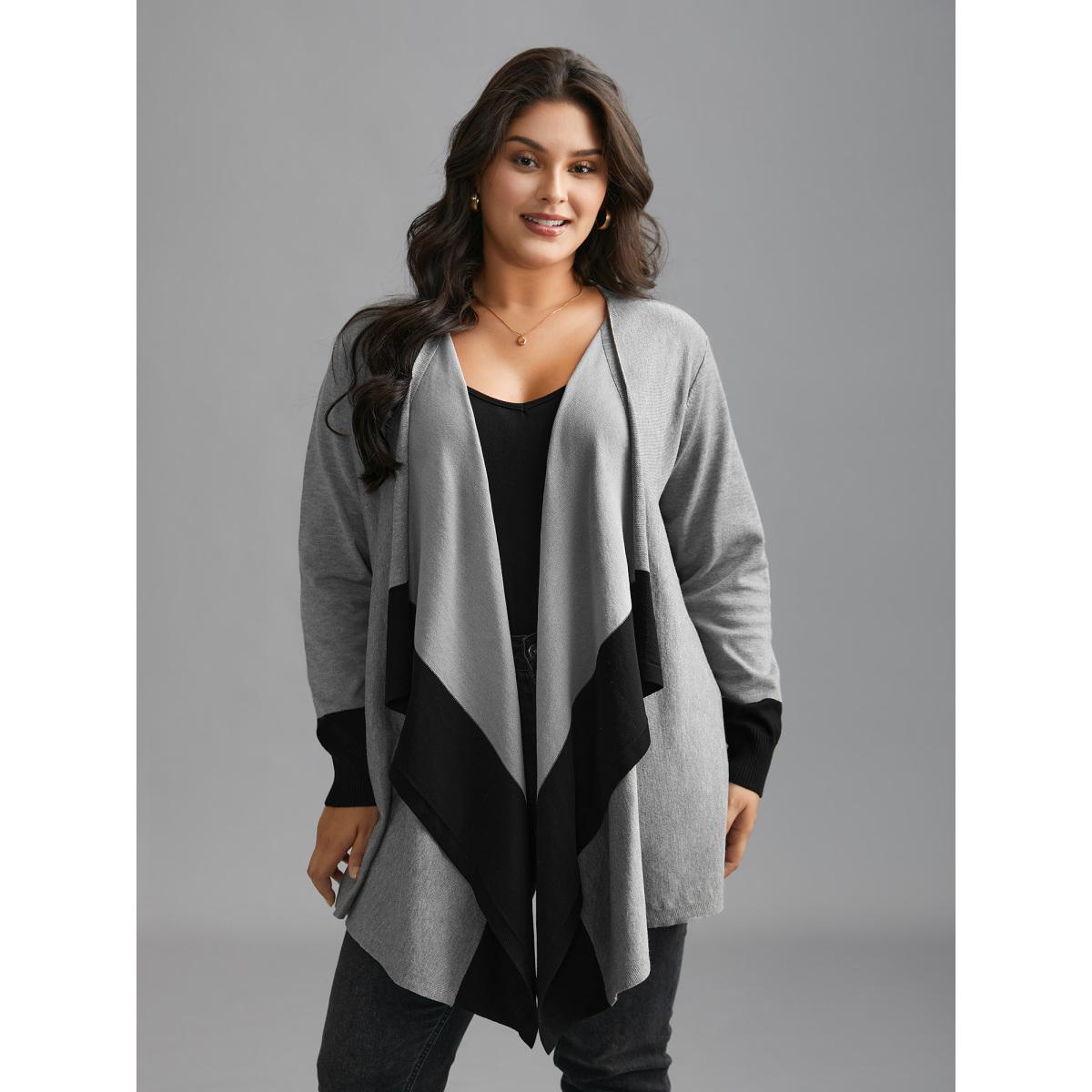Plus Size Contrast Kimono Collar Asymmetrical Hem Cardigan Mediumgray Women Casual Loose Long Sleeve Everyday Cardigans BloomChic 10/M Product Image