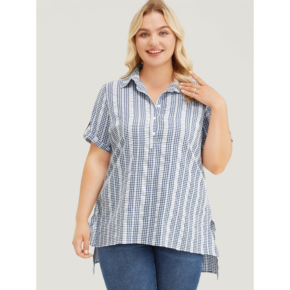 Plus Size Stone Plaid Shirt Collar Button Up Cuffed Sleeve Split Blouse Women Office Short sleeve Shirt collar Work Blouses BloomChic 22-24/3X Product Image