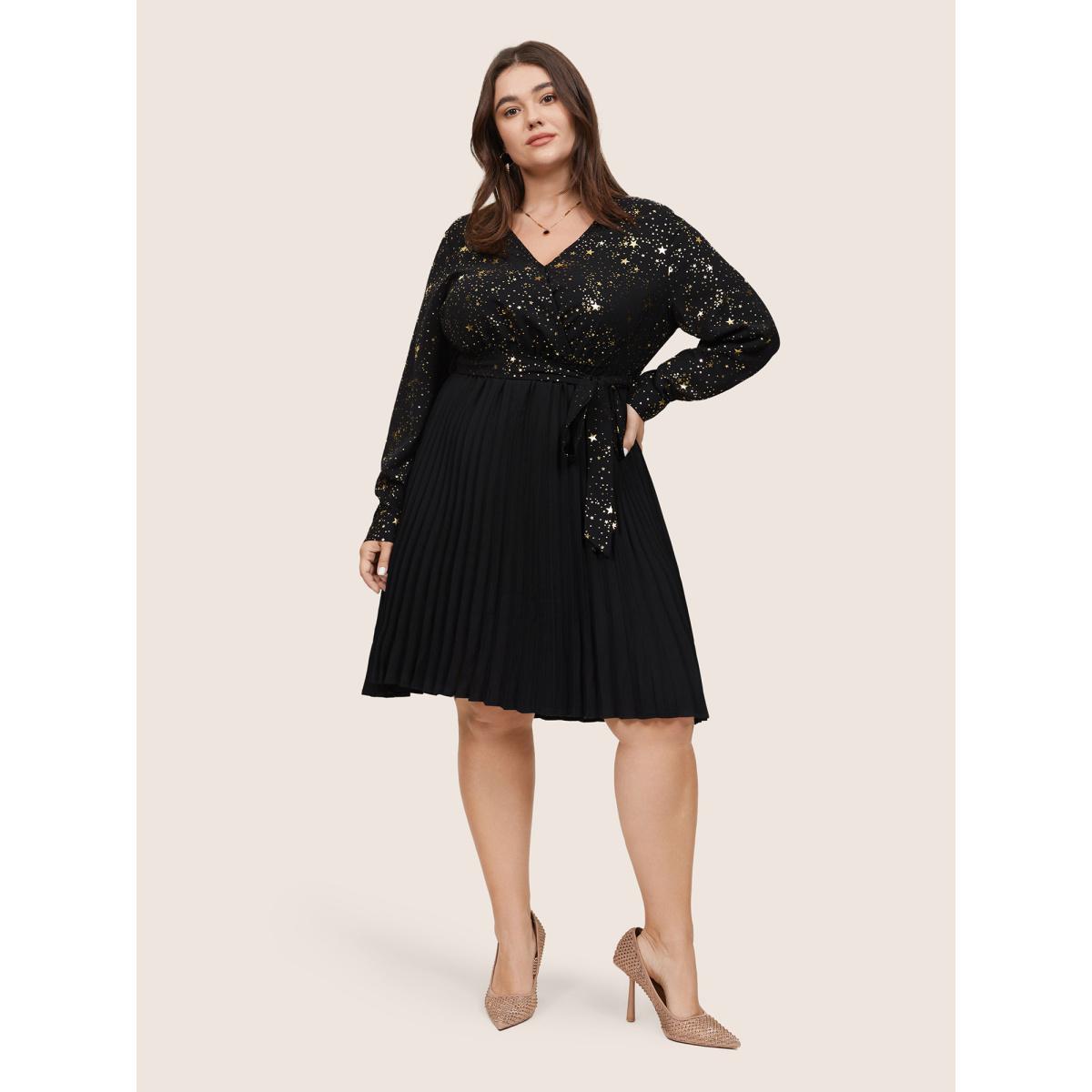 Plus Size Star Glitter Belted Pleated Wrap Dress Black Women Cocktail Belted V-neck Long Sleeve Curvy Midi Dress BloomChic 22-24/3X Product Image