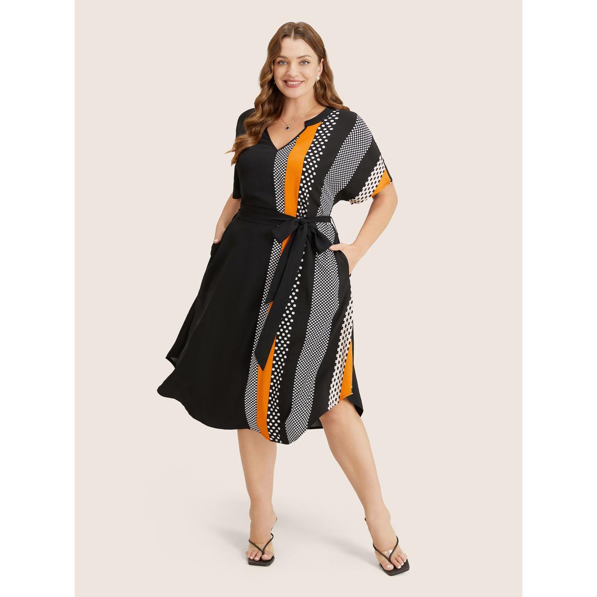 Plus Size Striped Patchwork Arc Hem Pocket Batwing Sleeve Belt Dress Black Women Resort Non Notched collar Short sleeve Curvy Midi Dress BloomChic 14-16/1X Product Image