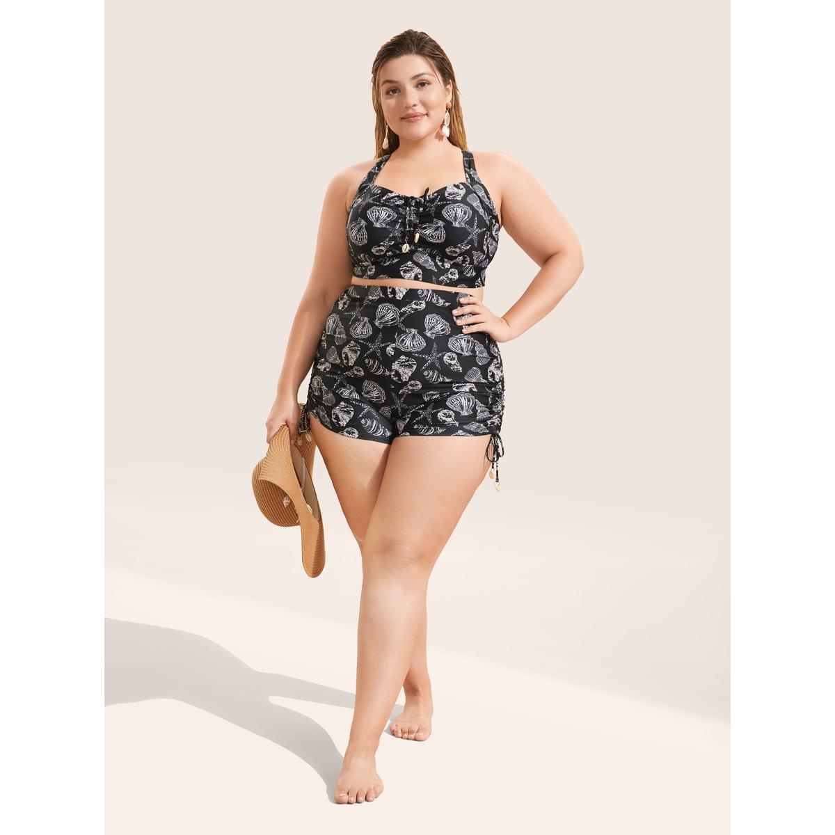 Plus Size Shell Print Drawstring Side Skinny Swim Bottom Women's Swimwear Black Beach Drawstring High stretch Skinny High Rise Curve Swim Bottoms BloomChic 14-16/1X Product Image
