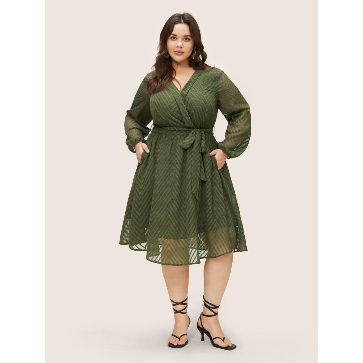 Plus Size Plisse Belted Mesh Overlap Collar Dress ArmyGreen Women At the Office Non Overlap Collar Long Sleeve Curvy Midi Dress BloomChic 10/M Product Image