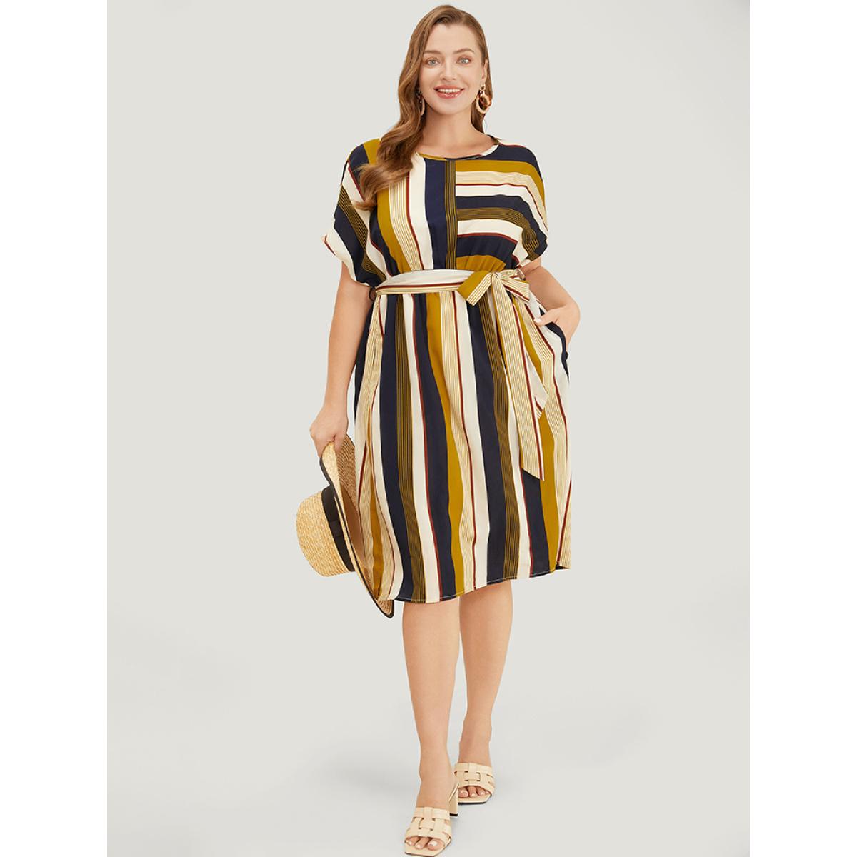 Plus Size Striped Patchwork Belted Ruffles Pocket Dolman Sleeve Dress Multicolor Women Vacation Contrast Round Neck Short sleeve Curvy Knee Dress BloomChic 28/5X Product Image