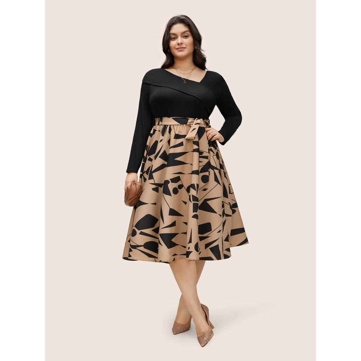 Plus Size Geometric Contrast Patchwork Asymmetrical Neck Belted Dress Black Women At the Office Non Asymmetrical Neck Long Sleeve Curvy Midi Dress BloomChic 12/L Product Image