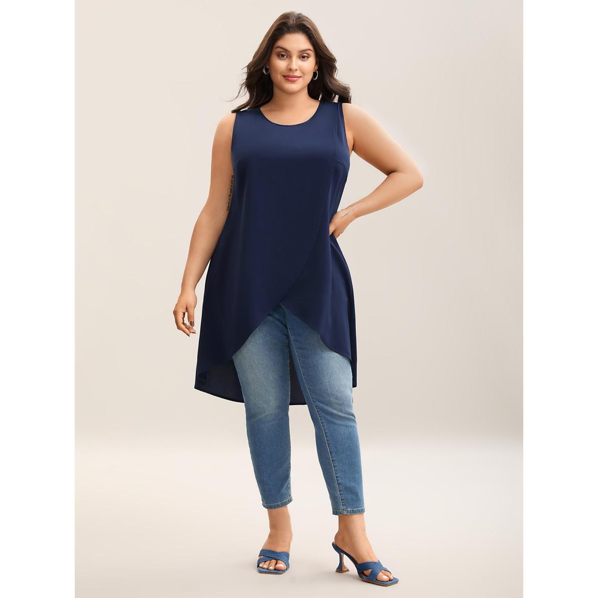 Plus Size Supersoft Essentials Notched Ruffle Layered Hem Sleeveless Dress Black Women Elegant Gathered V-neck Sleeveless Curvy Midi Dress BloomChic 28/5X Product Image