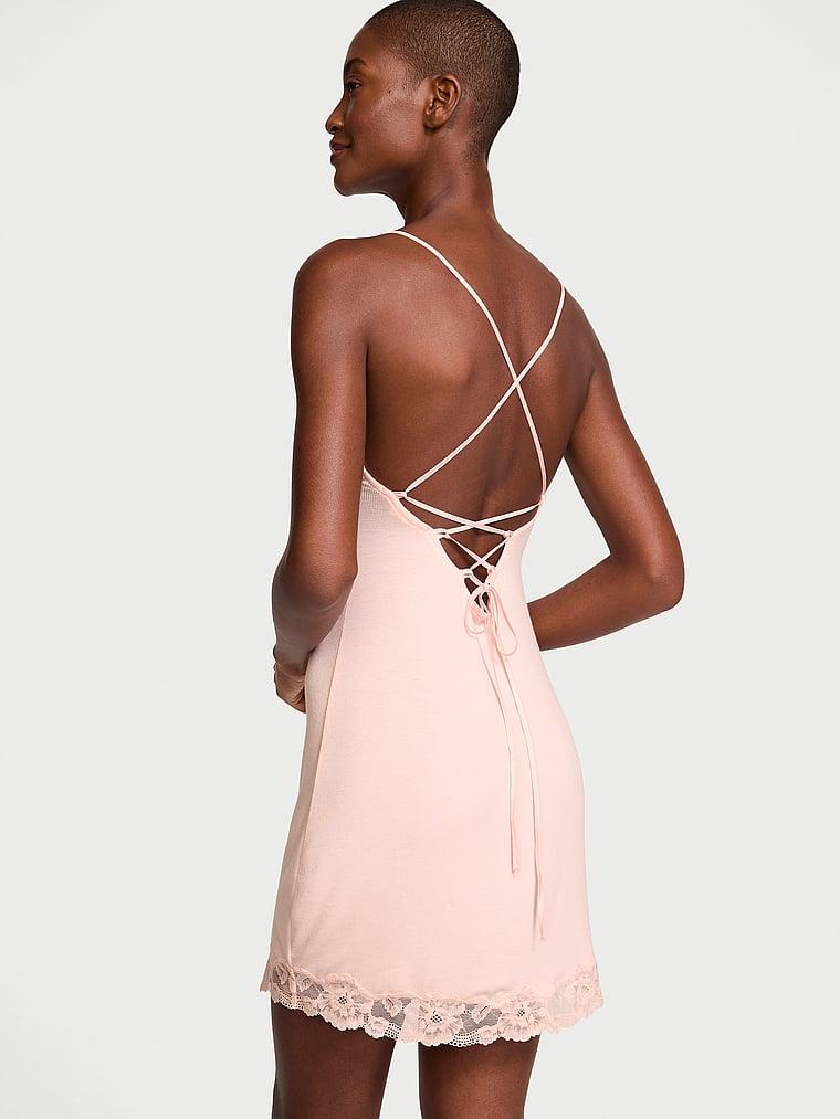 Ribbed Modal & Lace Cross-Back Slip Dress Product Image