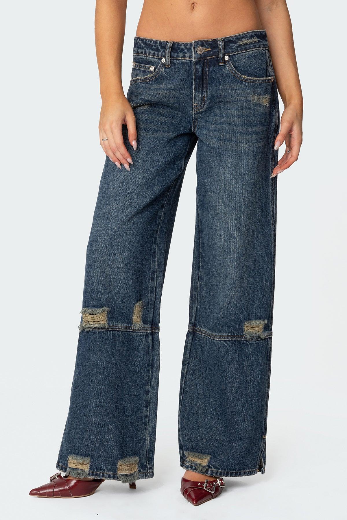 Slitted Distressed Low Rise Baggy Jeans Product Image