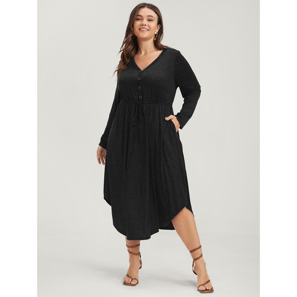 Plus Size Solid Pocket Button Asymmetrical Hem Ties Midi Dress Black Women Casual Patchwork V-neck Long Sleeve Curvy Midi Dress BloomChic 10/M Product Image