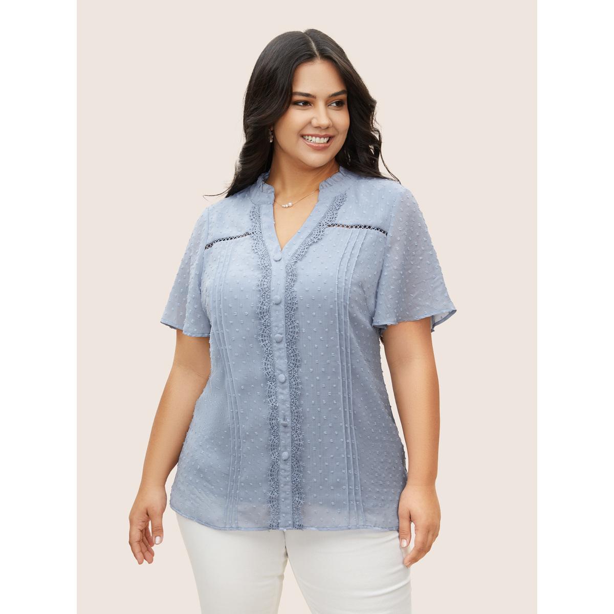 Plus Size Stone Textured Lace Insert Pleated Flutter Sleeve Blouse Women Elegant Short sleeve Flat collar Everyday Blouses BloomChic 14-16/1X Product Image