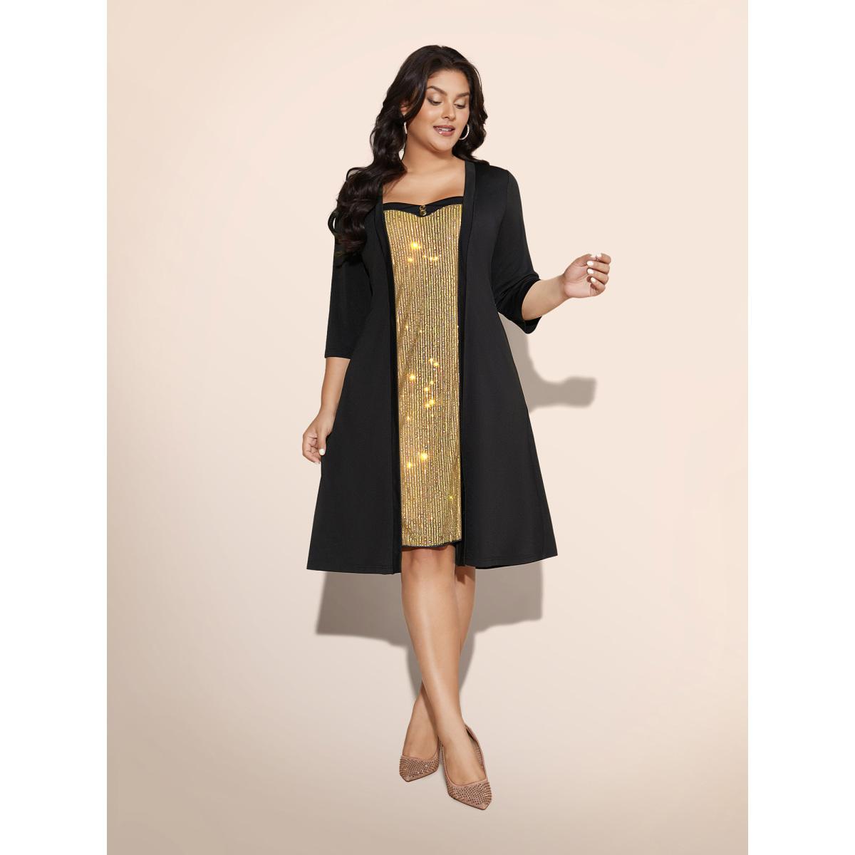 Plus Size Heart Neckline Patchwork Sequin Button Detail Dress Silver Women Party&Cocktail Texture Party Curvy Bloomchic 28/5X Product Image