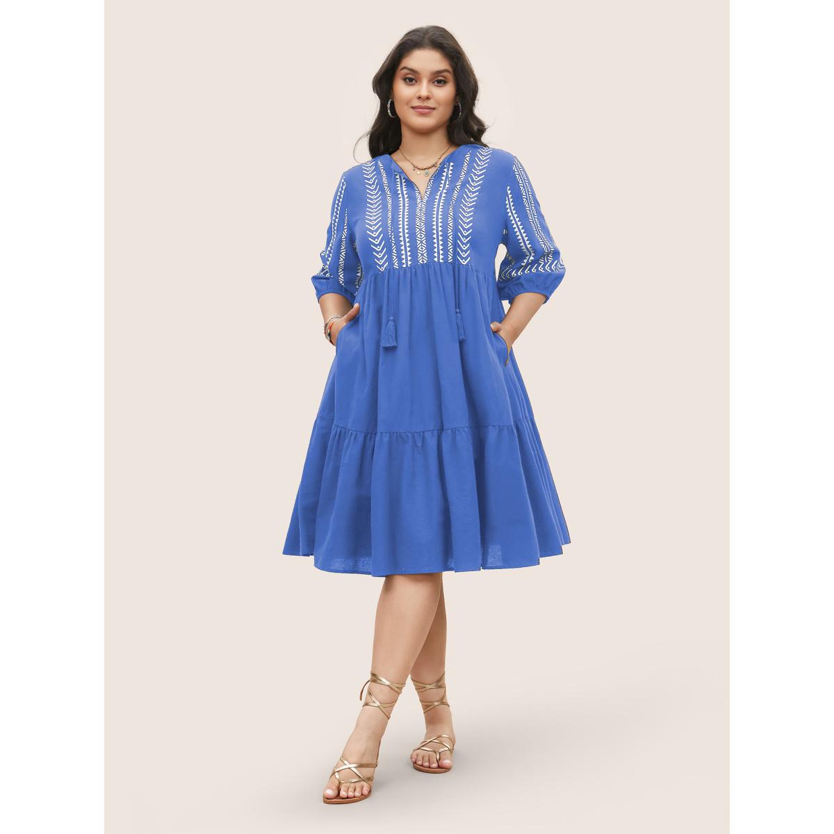 Plus Size Cotton Geometric Bandana Print Tassel Trim Dress Mediumblue Women Boho Non V-neck Short sleeve Curvy Knee Dress BloomChic 14-16/1X Product Image