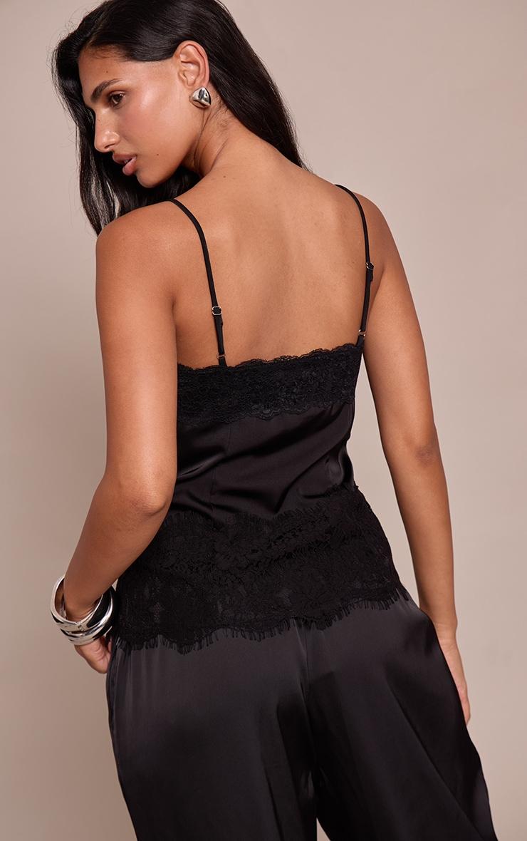 Black Satin Button Up Lace Detail Cami Product Image