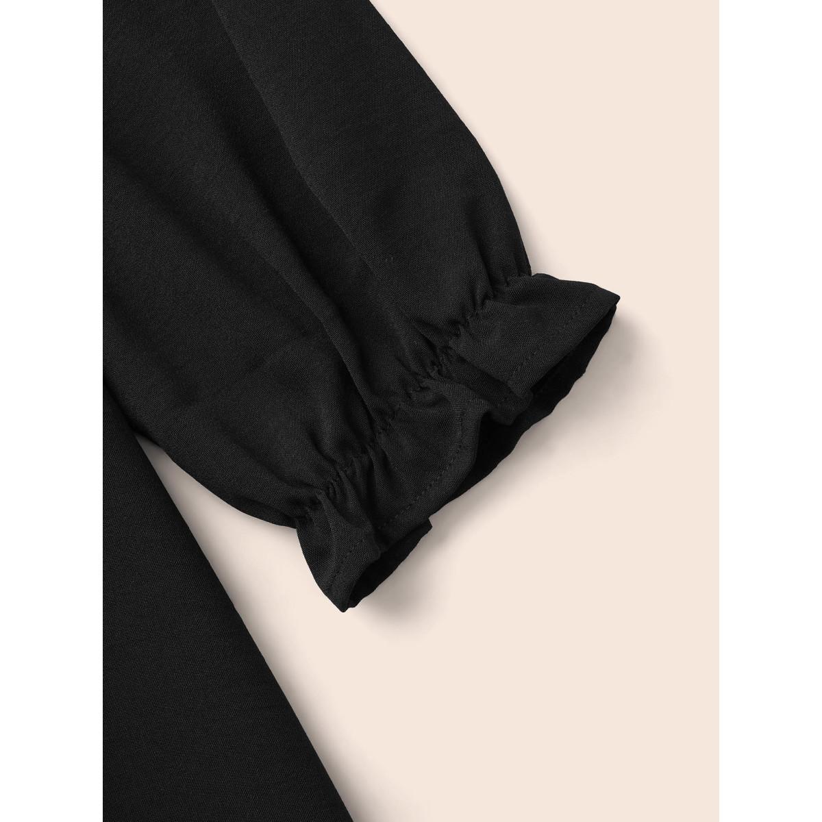 Plus Size Bandana Tie Knot Lantern Sleeve Dress Black Women Resort Woven ribbon&lace trim Flat collar with V-notch Long Sleeve Curvy BloomChic 18-20/2X Product Image