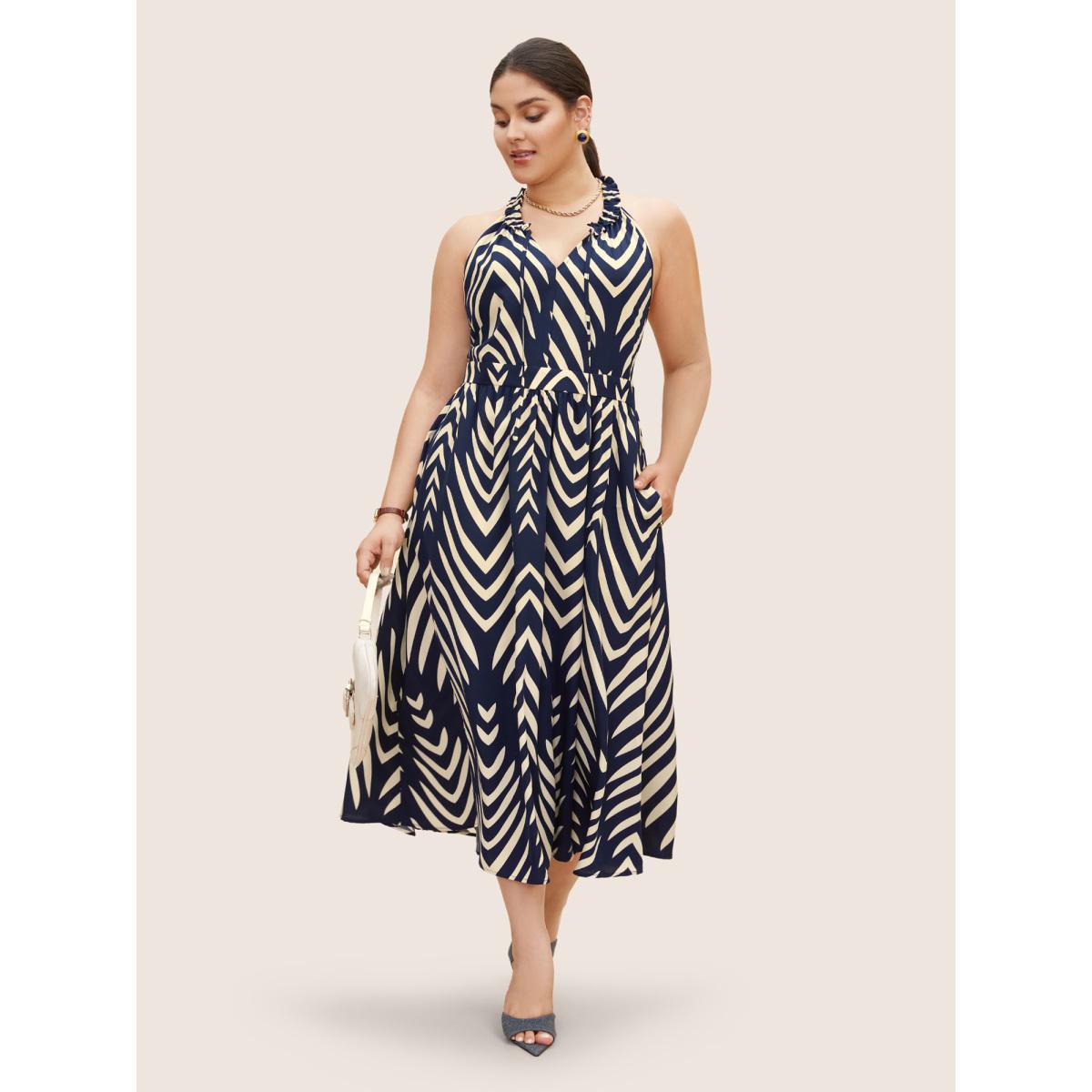Plus Size Geometric Frill Trim Tie Knot Sleeveless Dress Navy Women At the Office Wraparound straps V-neck Sleeveless Curvy BloomChic 12/L Product Image