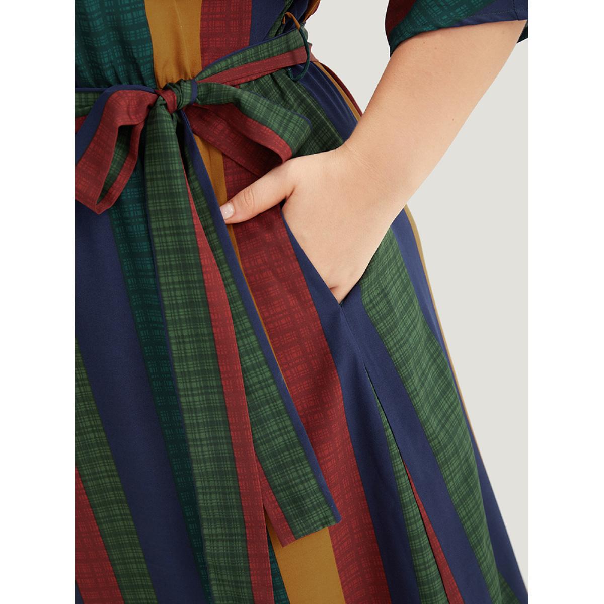 Plus Size Colour Striped Contrast Belted Dress Multicolor Women Office Belted V-neck Half Sleeve Curvy Midi Dress BloomChic 22-24/3X Product Image