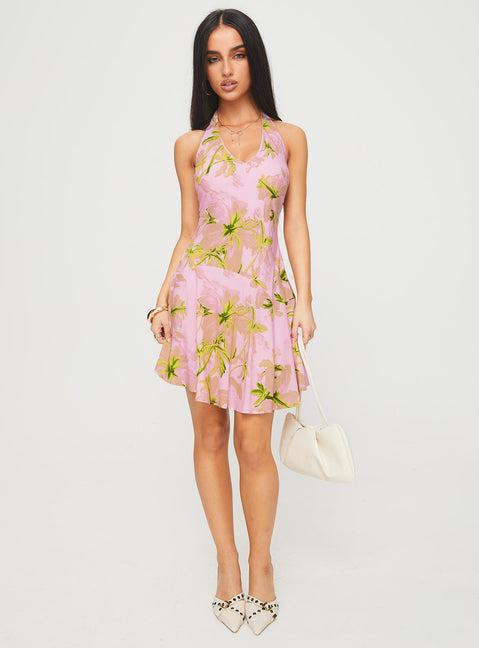 Alcedo Halter Mini Dress Pink / Green Product Image