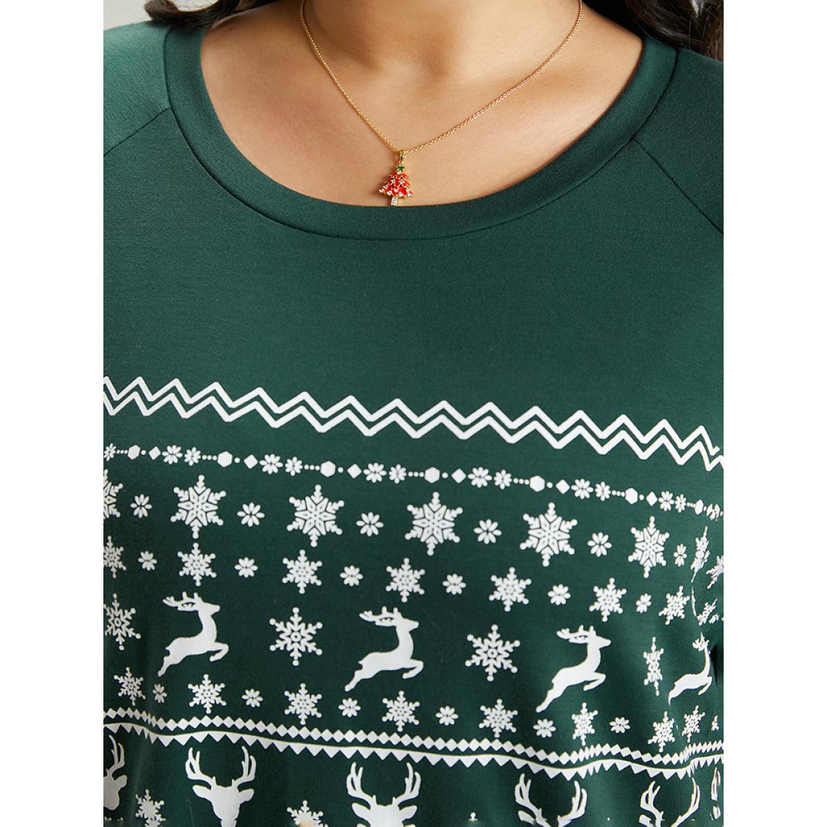Plus Size Christmas Elk Crew Neck Raglan Sleeve Sweatshirt Women DarkGreen Casual Printed Round Neck Festival-Christmas Sweatshirts BloomChic 30/6X Product Image