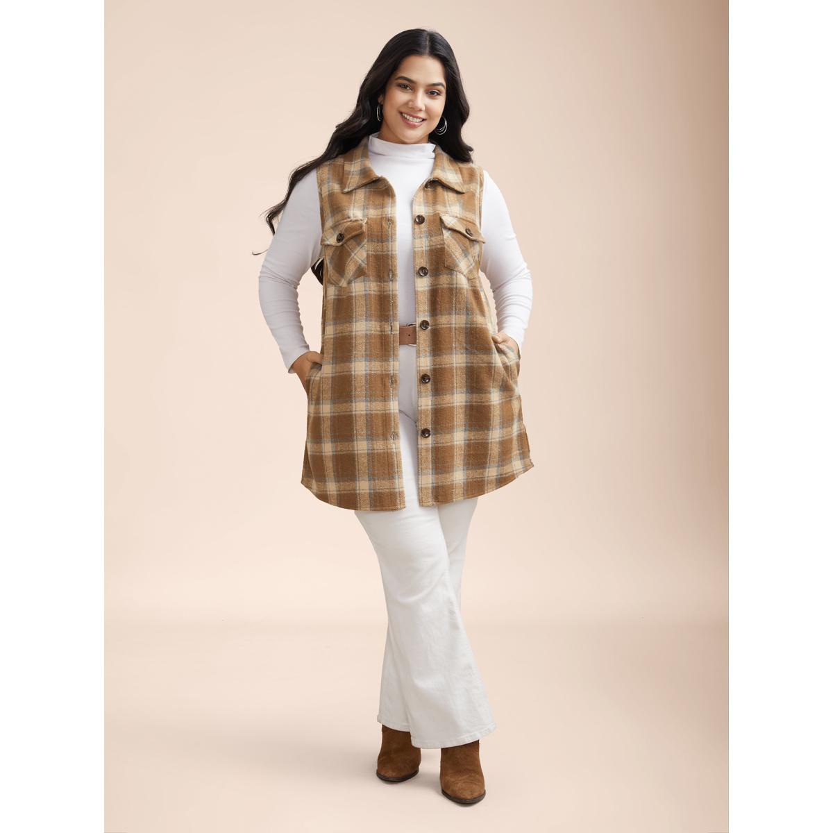Plus Size Plaid Flap Detail Sleeveless Jacket Women Bronze Button Side seam pocket Everyday Jackets BloomChic 26/4X Product Image