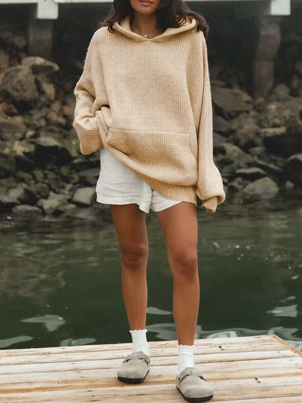 Soft Solid Color Pullover Hooded Knit Sweatshirts Product Image