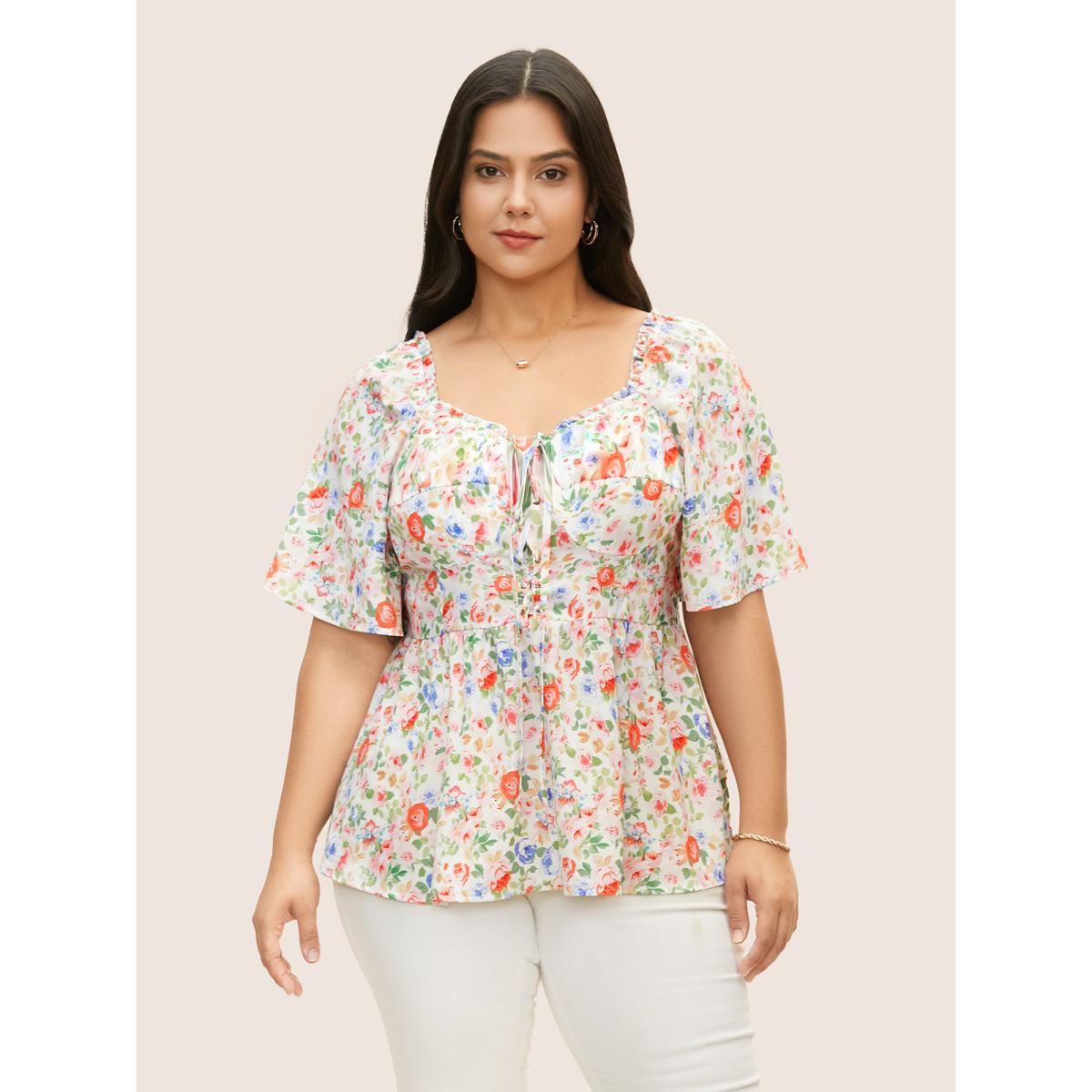 Plus Size Multicolor Heart Neckline Floral Frill Trim Blouse Women Elegant Short sleeve Heart neckline Everyday Blouses BloomChic 14-16/1X Product Image
