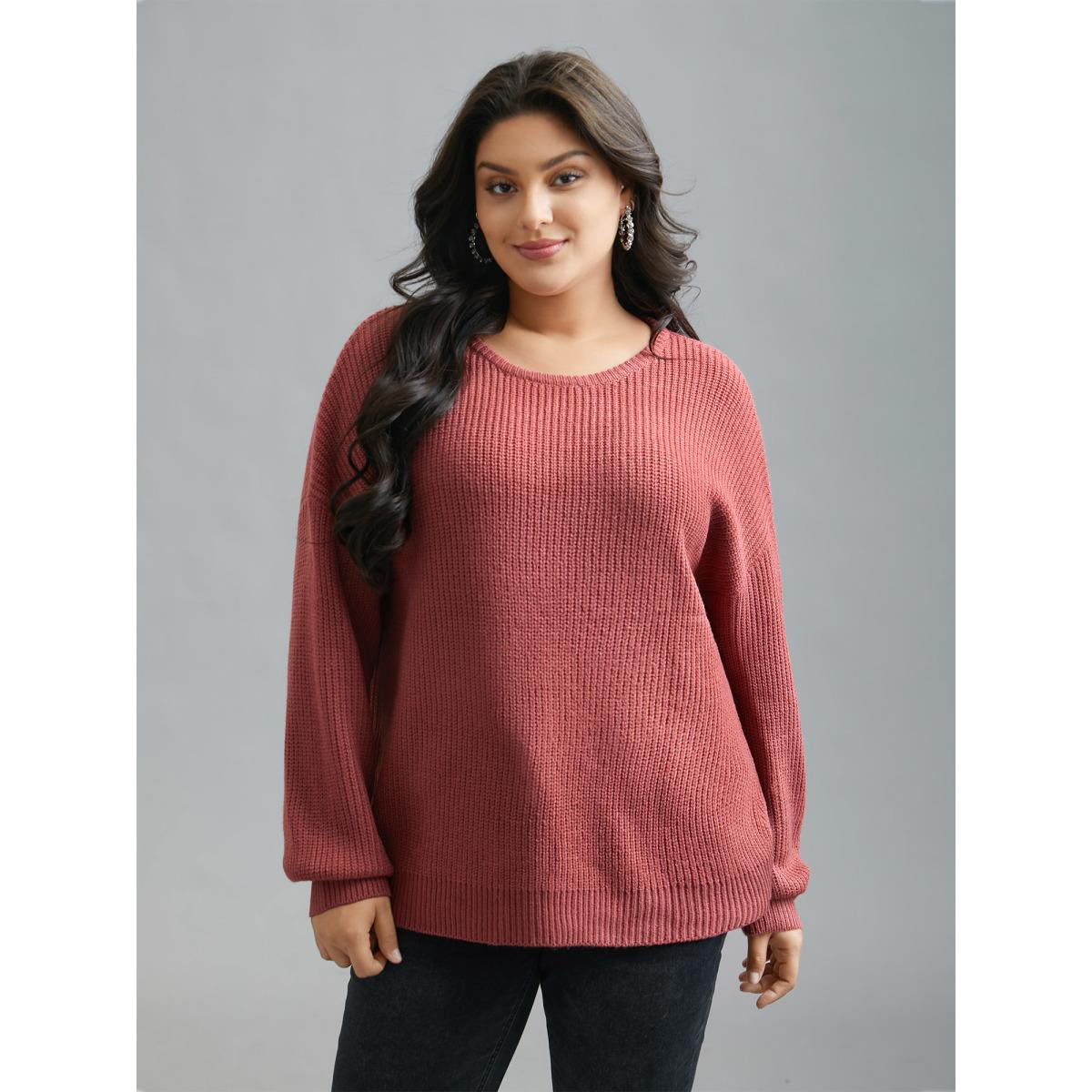 Plus Size Open Wrap Back Textured Tied Pullover Rust Women Casual Loose Long Sleeve Round Neck Everyday Pullovers BloomChic 28/5X Product Image