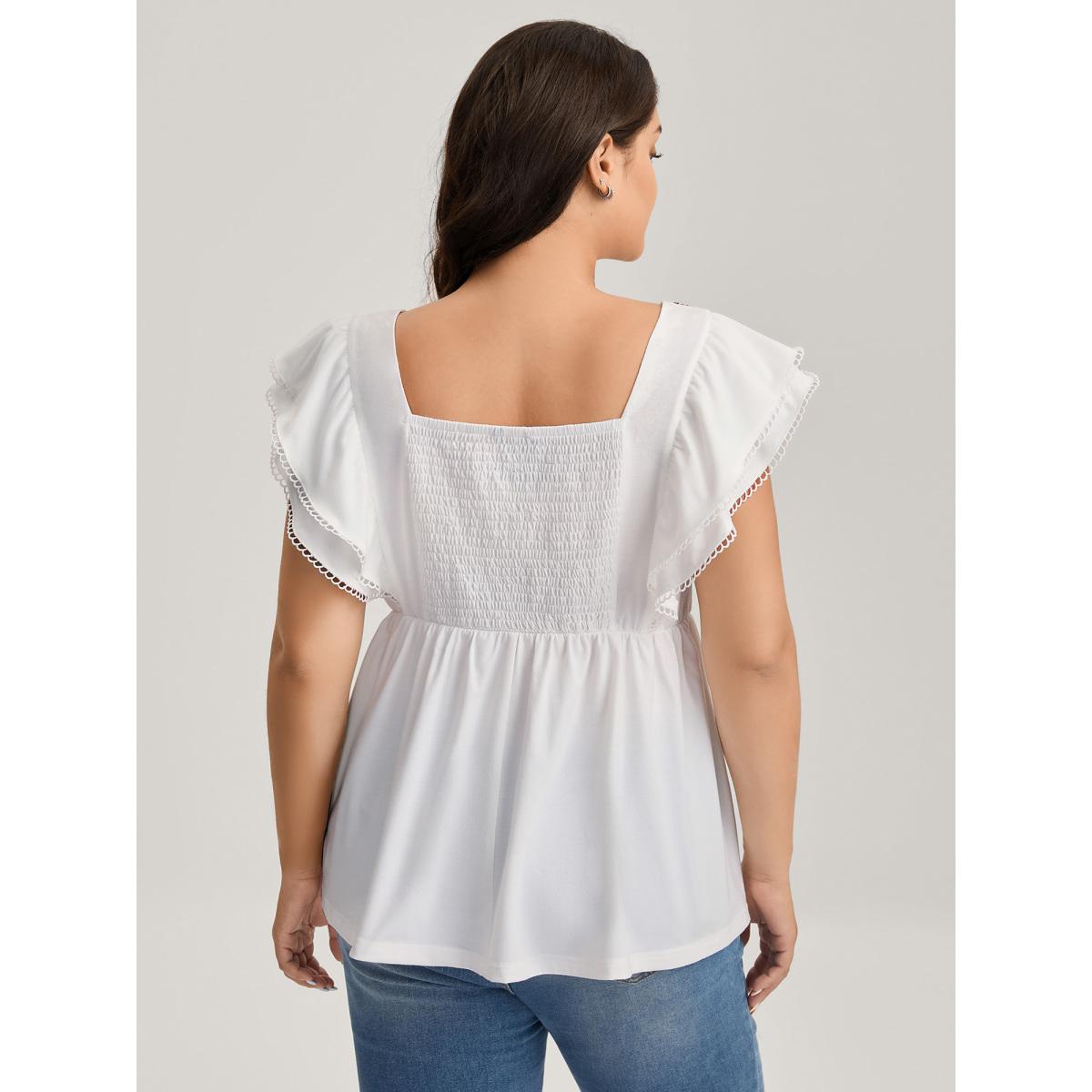 Plus Size Floral Lace Stretchy Shirred Tank Top Women WhiteSmoke Woven ribbon&lace trim Square Neck Casual Tank Tops Camis BloomChic 22-24/3X Product Image