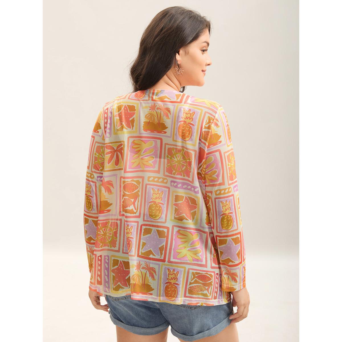 Plus Size Island Ready Print Mesh Tassels Kimono Women Multicolor Tie knot Vacation Kimonos BloomChic 28/5X Product Image