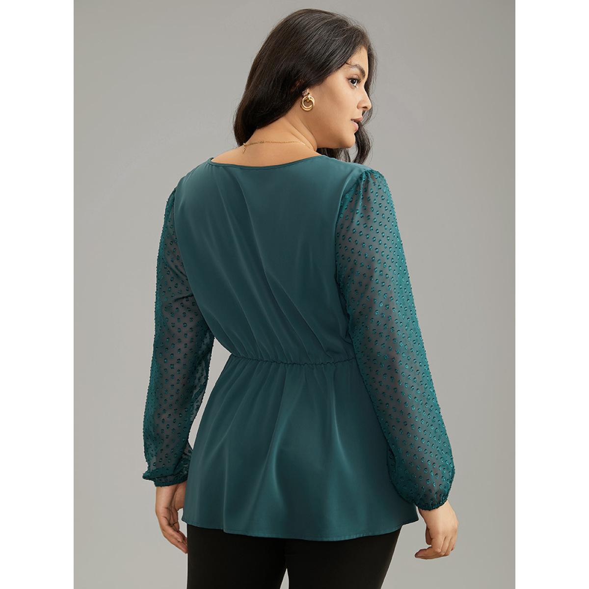 Plus Size Arctic Static-Free Plain Patchwork Mesh Texture Ties Blouse Women Office Long Sleeve V-neck Office Blouses BloomChic 28/5X Product Image