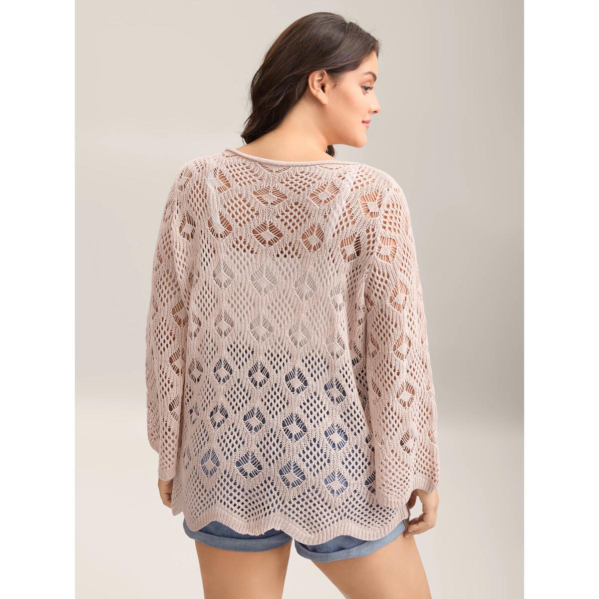 Plus Size Cut Out Textured Feel Pullover MistyRose Women Casual Loose Long Sleeve Round Neck Everyday Pullovers BloomChic 22-24/3X Product Image