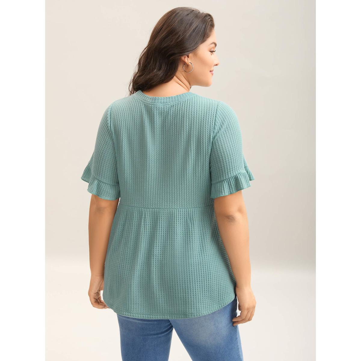 Plus Size Waffle Lotus Leaf Hem T-Shirt Turquoise Women Texture Round Neck Everyday-Casual T-shirts BloomChic 18-20/2X Product Image