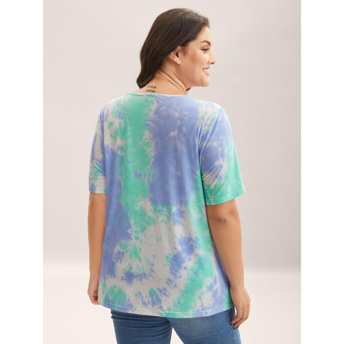 Plus Size Tie-Dye Pleated Flowy T-Shirt Multicolor Women Gathered V-neck Everyday-Casual T-shirts BloomChic 22-24/3X Product Image
