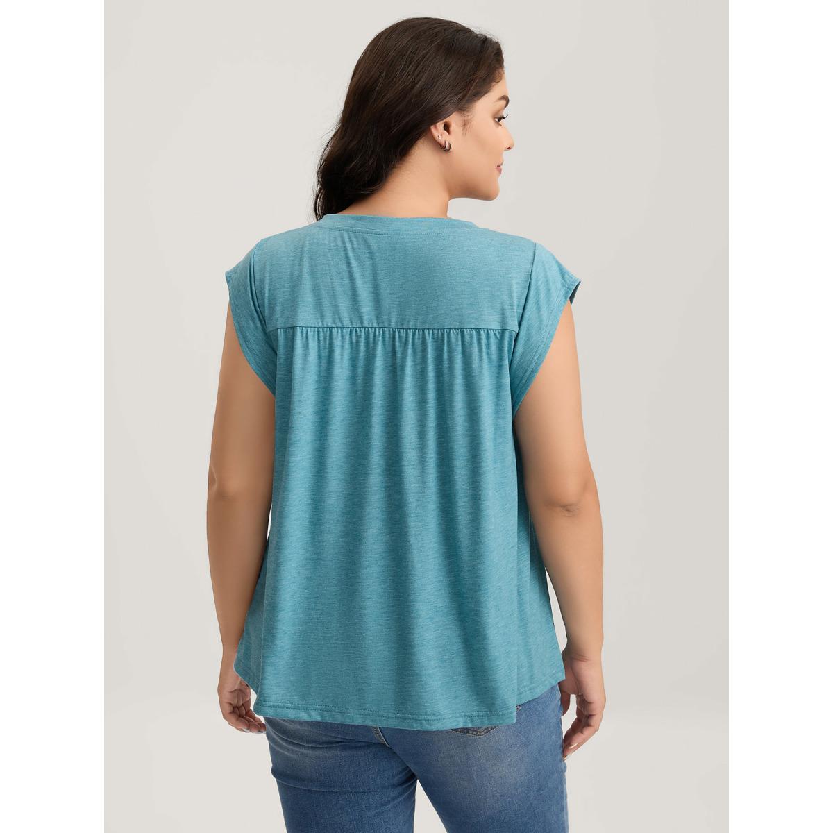 Plus Size Heather Pleated Buttons Placket Solid T-Shirt Cerulean Women Leisure Tucked seam Round Neck Casual T-shirts BloomChic 12/L Product Image