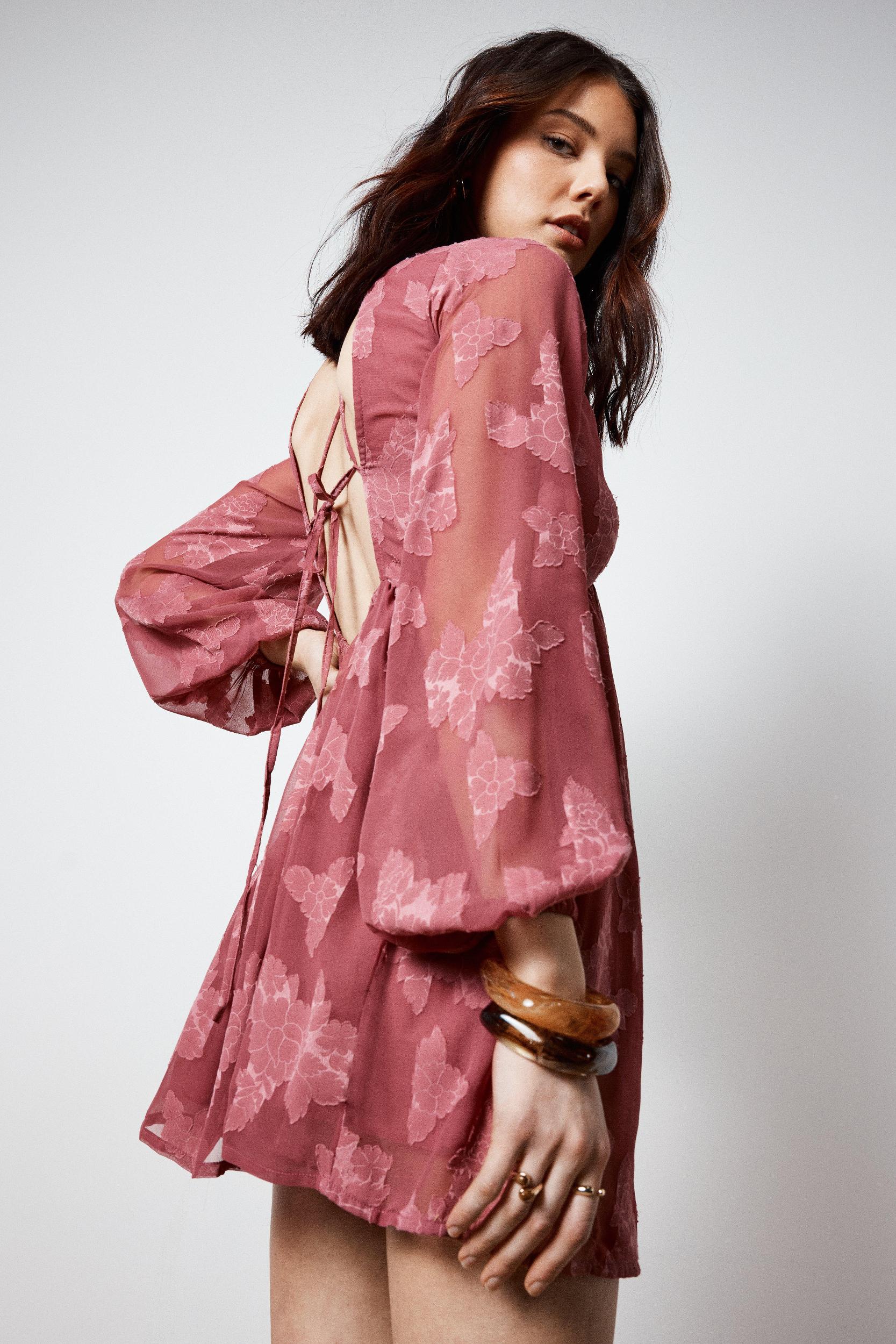 Jacquard Plunge Balloon Sleeve Tie Back Mini Tunic Dress Product Image