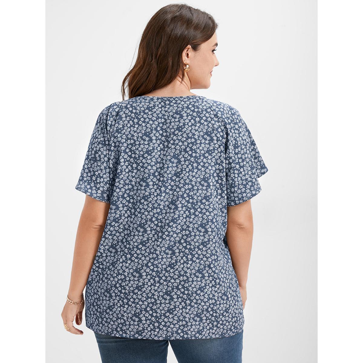 Ditsy Floral Tie Neck Flutter Sleeve Blouse Product Image