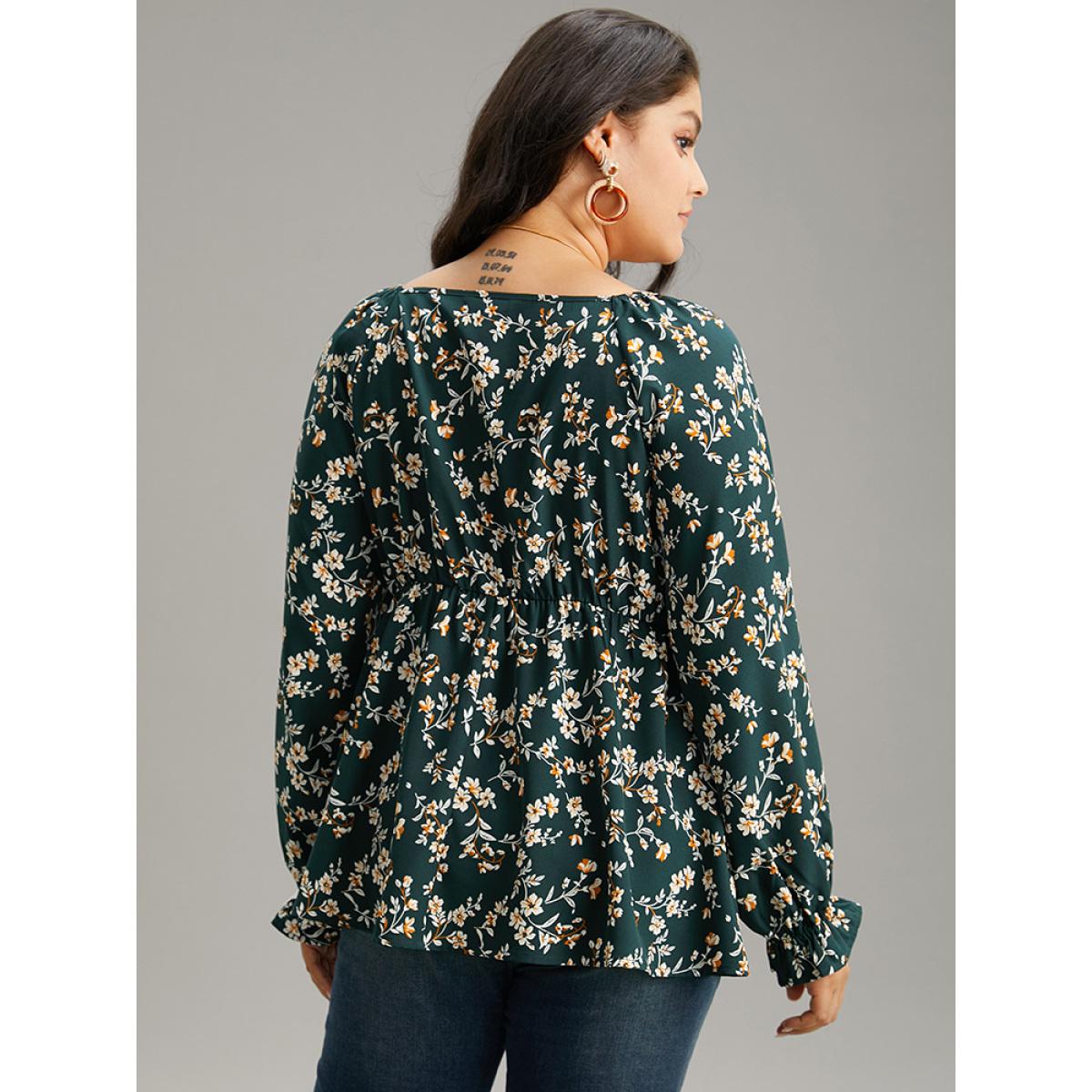 Plus Size DarkGreen Floral Print Ruched Lantern Sleeve Blouse Women Elegant Long Sleeve V-neck Dailywear Blouses BloomChic 30/6X Product Image