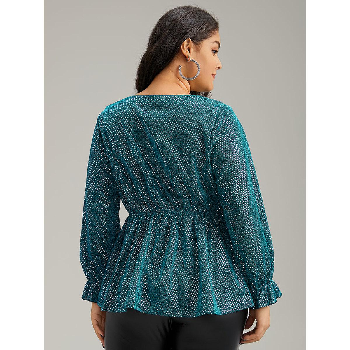 Plus Size Emerald Sequin Wrap Ruffles Ruched Lantern Sleeve Blouse Women Glamour Long Sleeve V-neck Festival-Christmas Blouses BloomChic 12/L Product Image