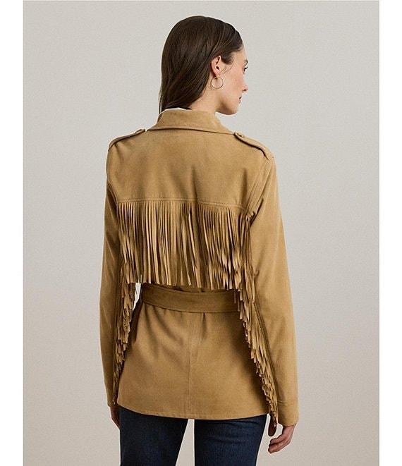 Lauren Ralph Lauren Fringe Trim Goat Suede Notch Collar Belted Jacket Product Image