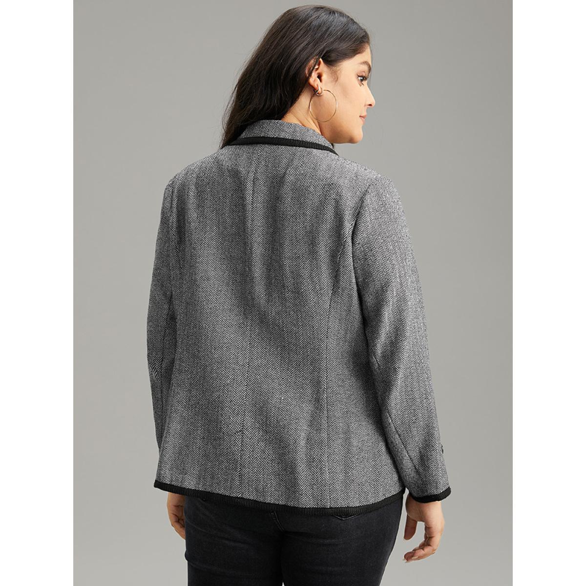 Plus Size Suit Collar Contrast Trim Button Up Blazer DimGray Women Work Plain Texture Sleeve Long Sleeve Suit Collar 14-16/1X At the Office Blazers BloomChic Product Image