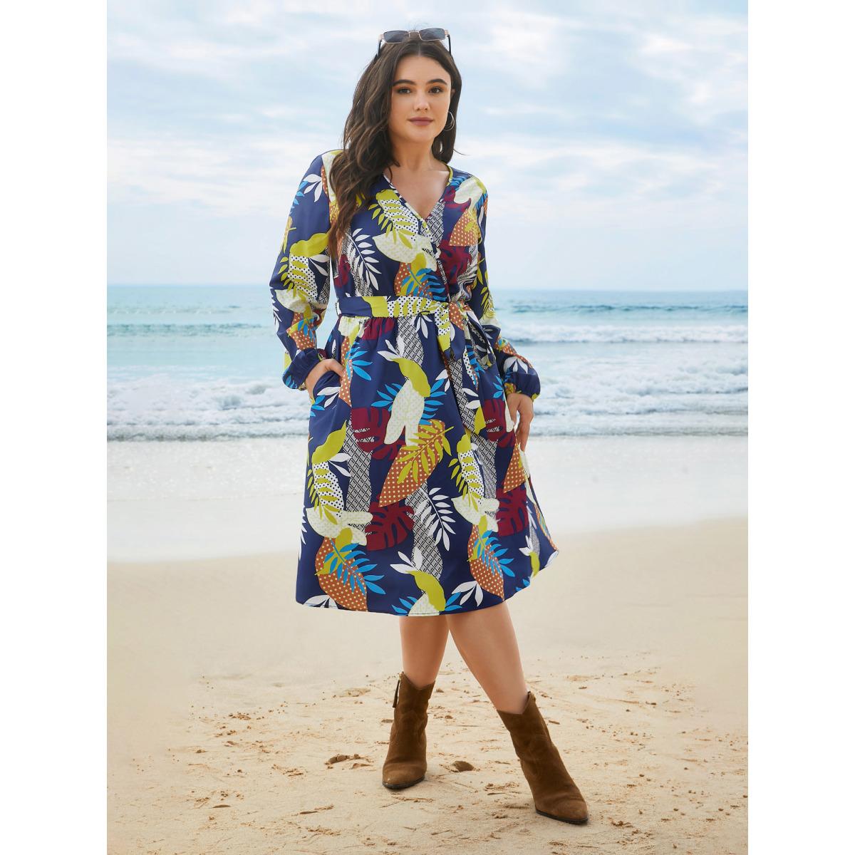 Plus Size Surplice Neck Tropical Leaf Pockets Midi Dress DarkBlue Women Elegant Belted Overlap Collar Long Sleeve Curvy BloomChic 22-24/3X Product Image