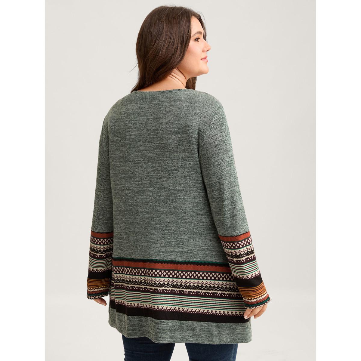 Plus Size Tunic Boho Print Pocket T-shirt Sage Women Leisure Contrast Round Neck Loose Casual T-shirts BloomChic 28/5X Product Image