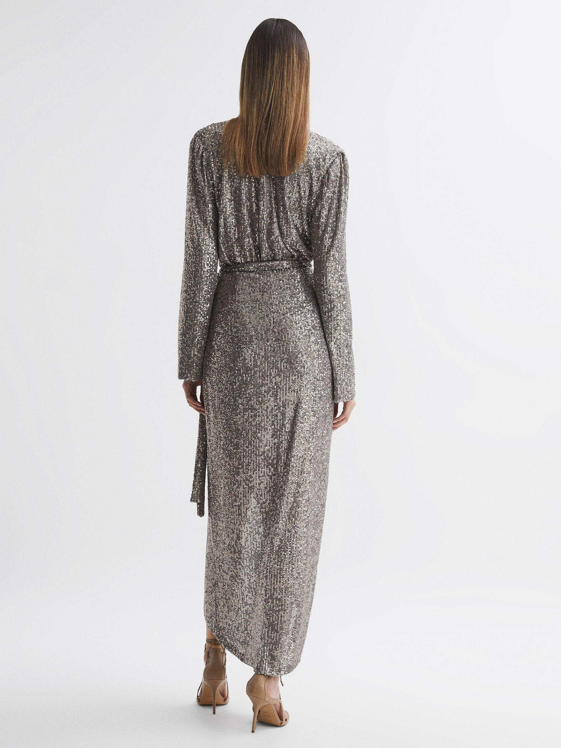 Halston Sequin Wrap Midi Dress in Silver Product Image