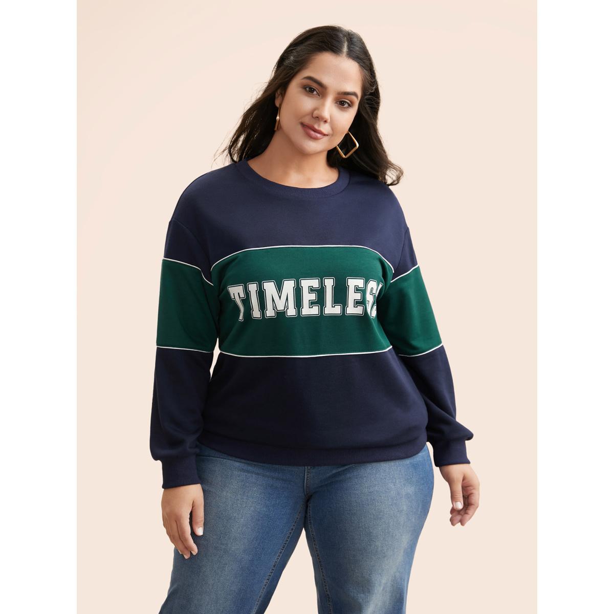 Plus Size Crew Neck Letter Print Contrast Sweatshirt Women Navy Casual Contrast Round Neck Everyday Sweatshirts BloomChic 18-20/2X Product Image