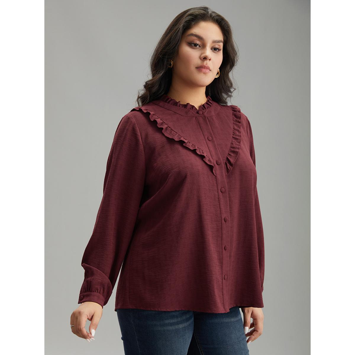 Plus Size Scarlet Stand Collar Solid Gathered Frill Trim Blouse Women Elegant Long Sleeve Stand-up collar Dailywear Blouses BloomChic 10/M Product Image