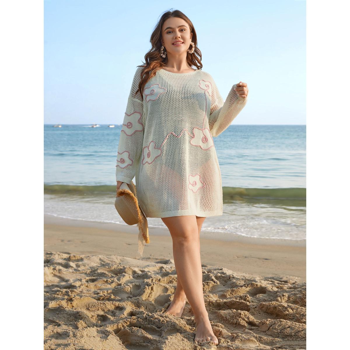 Plus Size Floral Pattern Cut-Out Round Neck Swim Cover-Up Women's Swimwear Ivory Beach Loose Curve Swim Cover Ups BloomChic 26/4X Product Image