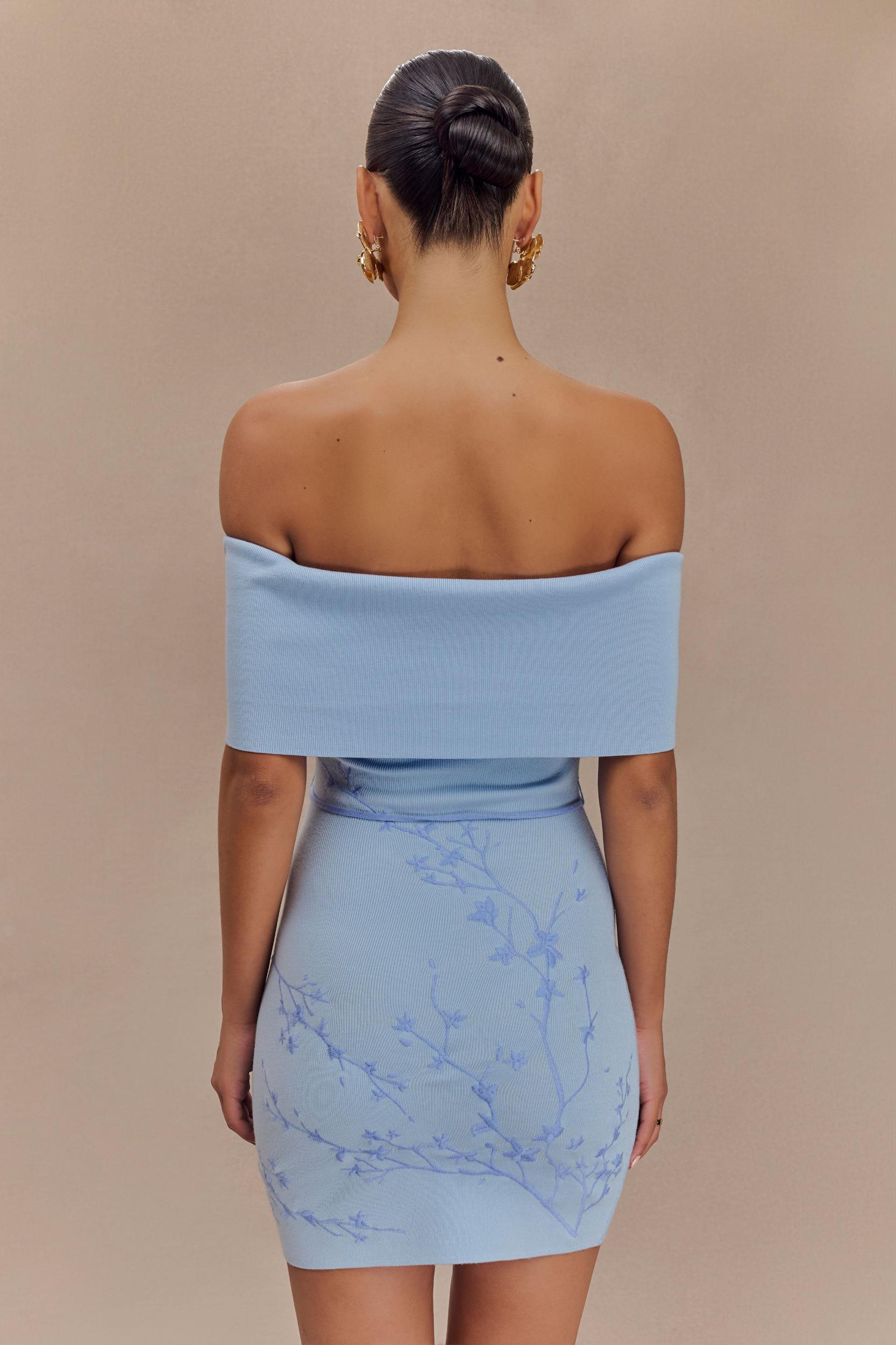Mallory Off Shoulder Embroidered Knit Mini Dress - Ice Blue Product Image