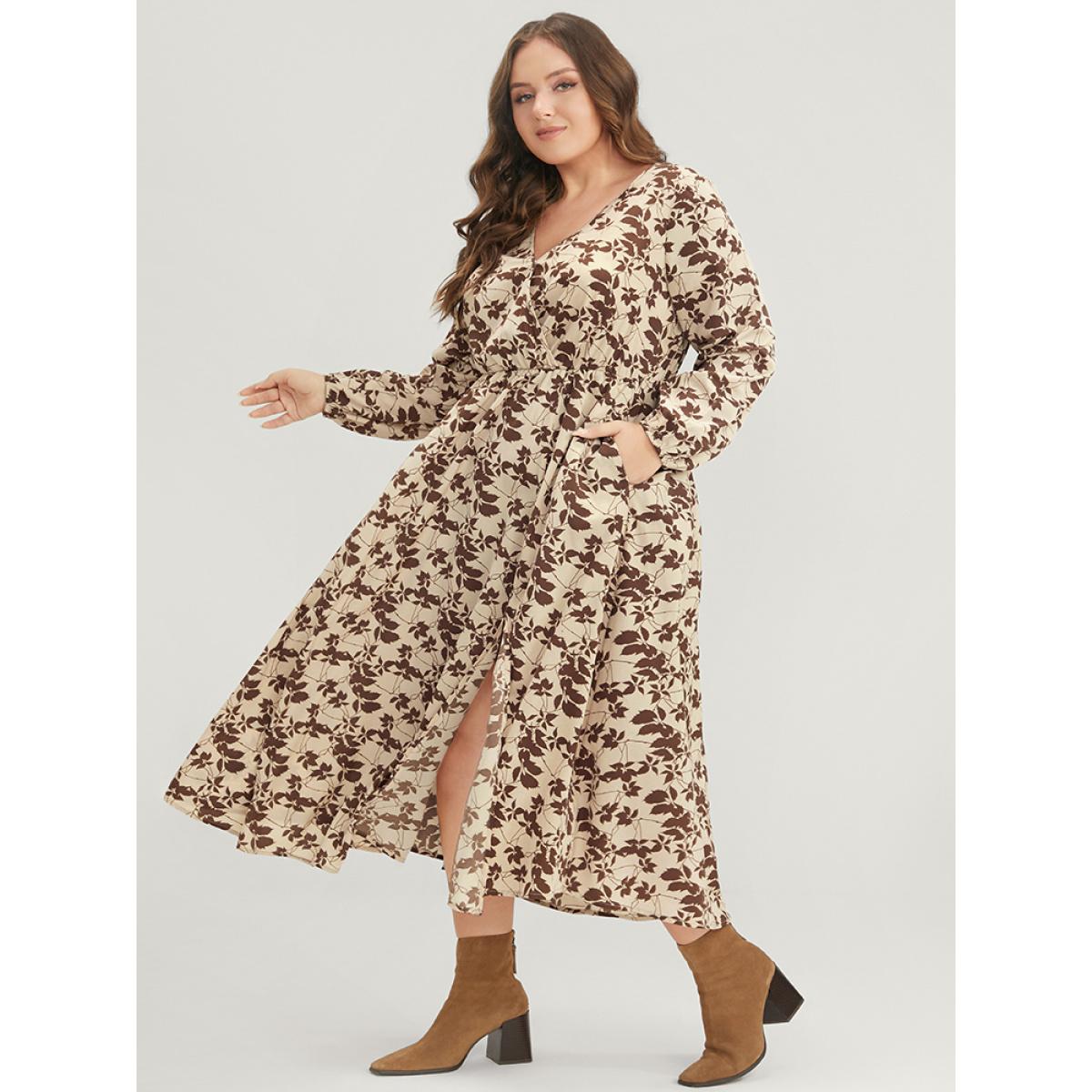 Plus Size Plant Print Pocket Lantern Sleeve Split Midi Dress Tan Women Elegant Pocket V-neck Long Sleeve Curvy Midi Dress BloomChic 14-16/1X Product Image