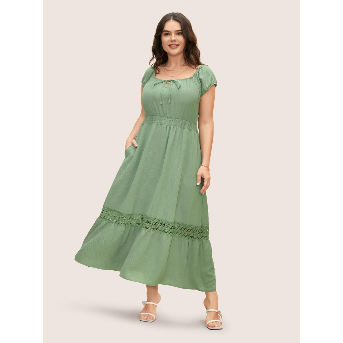 Plus Size Guipure Lace Tie Knot Raglan Sleeve Dress Palemauve Women Elegant Woven ribbon&lace trim Square Neck Cap Sleeve Curvy BloomChic 14-16/1X Product Image