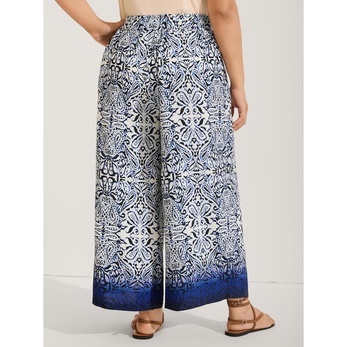 Plus Size Abstract Floral Print Shirred Wide-Leg Pants Women Indigo Resort Wide Leg Mid Rise Vacation Pants BloomChic 26/4X Product Image